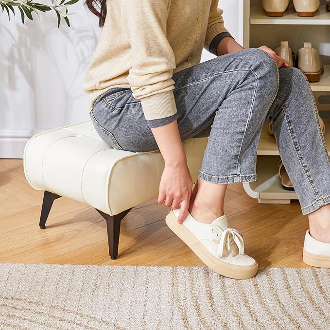YMYNY Ottoman, Foot Stool with Metal Legs, Faux Leather Stool, Pouf Couch Stool, Modern Multifunctional Small Square Accent Small Table for Bedroom, Living Room 15.75"D×11.81"W×10.24"H White UHBD037W