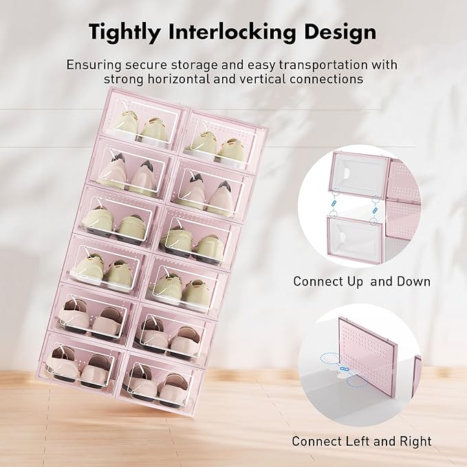 Shoe Storage Box, 15 Pack Clear Plastic Stackable Shoe Organizer for Closet, Interlocking Design Shoe Container Bins for Sneakers, Foldable Shoe Rack with Lids, Pink-NeatNest