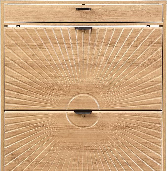 XIAO WEI Shoe Cabinet, Shoe Storage Organizer Cabinet with 2 Flip Half Moon Line Doors, Freestanding Shoe Rack with Adjustable Shelf for Entryway（Oak）-NeatNest