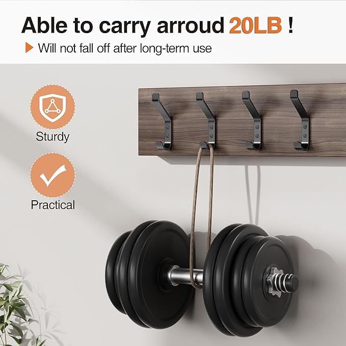 10-Pack Coat Hook for Hanging, 20LB (Max), Stainless Wall Hooks for Towel, Hat, Backpack, Key, Clothes, Wall Mounted Coat Hanger for Closet, Metal, Black, 3.75"