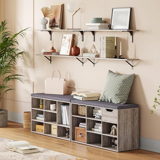 DINZI LVJ Shoe Bench, 9 Cubbies Shoe Organizer for Entryway, Storage Bench with Cushion, Cubby Shoe Rack with Adjustable Shelves for Living Room, Bedroom, Mudroom, Hallway, Greige-NeatNest