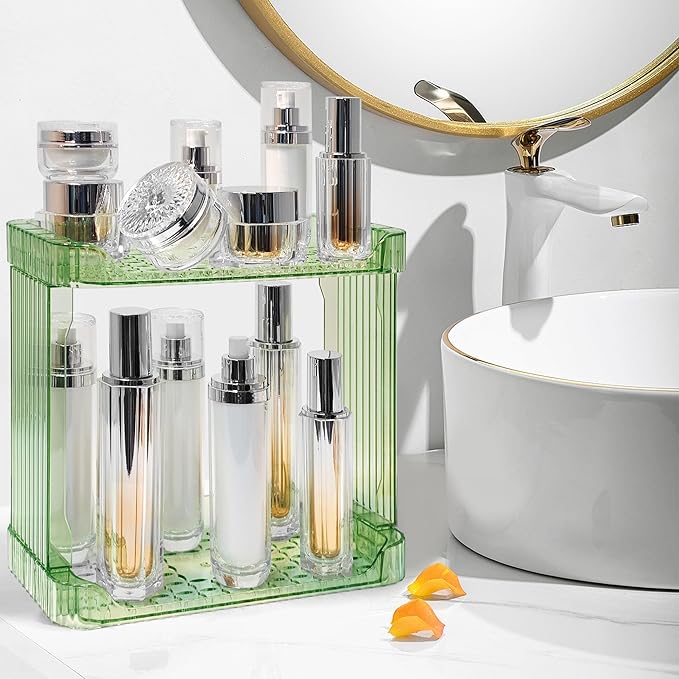 Bathroom Counter Organizer Cosmetics Skincare Organizers Skincare Makeup Organizer Countertop Holder for Perfume-2 Tier-Green