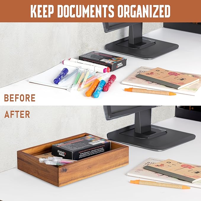 Demigo Acacia Wood Desk Organizer Tray - 9.5x6.7x2 Inch Letter & Stationery Holder for Office, Entryway, Desktop - Natural Wood Catchall for Pens, Mail, Keys-NeatNest