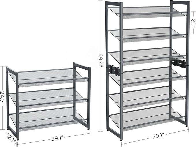 SONGMICS Shoe Rack, 6-Tier Shoe Organizer, Metal Rack for Garage, Set of 2, 3-Tier Stackable Shelf, with Adjustable Flat or Angled Shelves, 18-24 Pairs, Charcoal Gray ULMR003G02-NeatNest