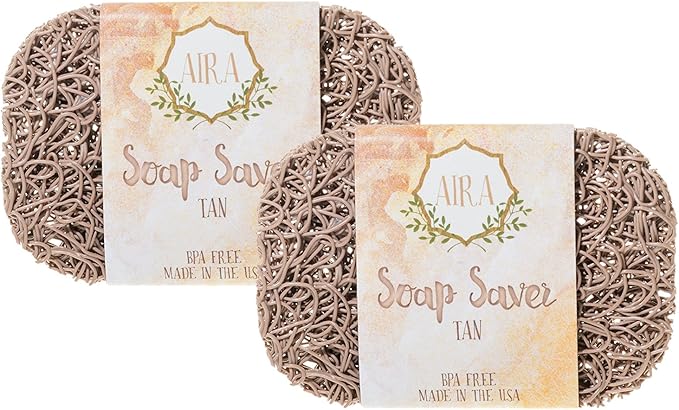 Aira Soap Saver - Soap Dish & Holder - BPA Free Shower & Bath Accessory - Drains Water, Circulates Air - Easy to Clean, Fits All Sets - Tan Double Pack-NeatNest