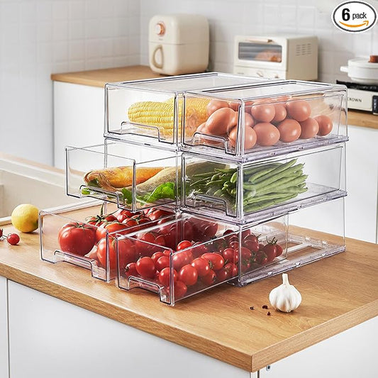 PeJeyiee 6 Pack Clear Stackable Refrigerator Organizers and Storage Drawers - Pull-Out Fridge Bins with Anti-Slip Base & Easy Clean, Plastic Organizers for Kitchen Pantry Cabinet Closet (Large)-NeatNest