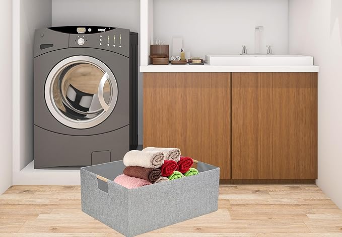 Collapsible Storage Box for Women - Foldable Home Organizer 16.9x12.5x7Inches with Wooden Handles | Closet, Bathroom & Kids Room Storage | Heavy-Duty Linen Fabric 2Pack-NeatNest