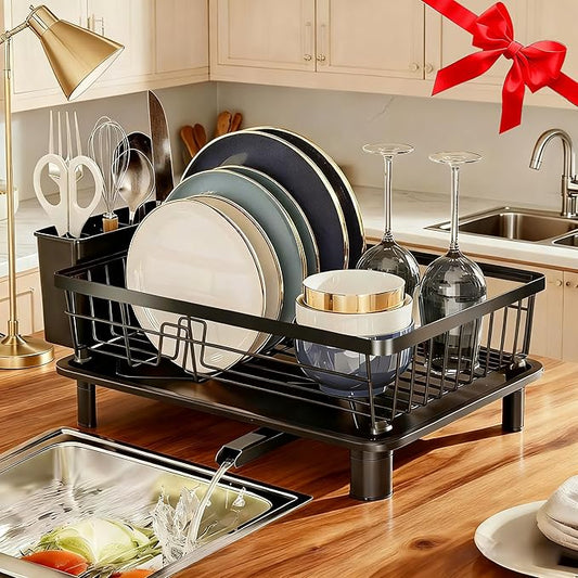 Dish Drying Rack, Space-Saving Dish Rack, Dish Racks for Kitchen Counter, Kitchen Dish Drainers with Removable Utensil Holder, Plate Rack and Drainboard, 11''W x 15''L, Black