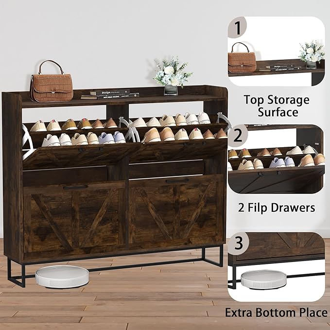 Hidden Shoe Storage Cabinets with 4 Flip Drawers and Metal Legs, Freestanding Narrow Shoe Organizer Rack for Entryway, Rustic Brown-NeatNest