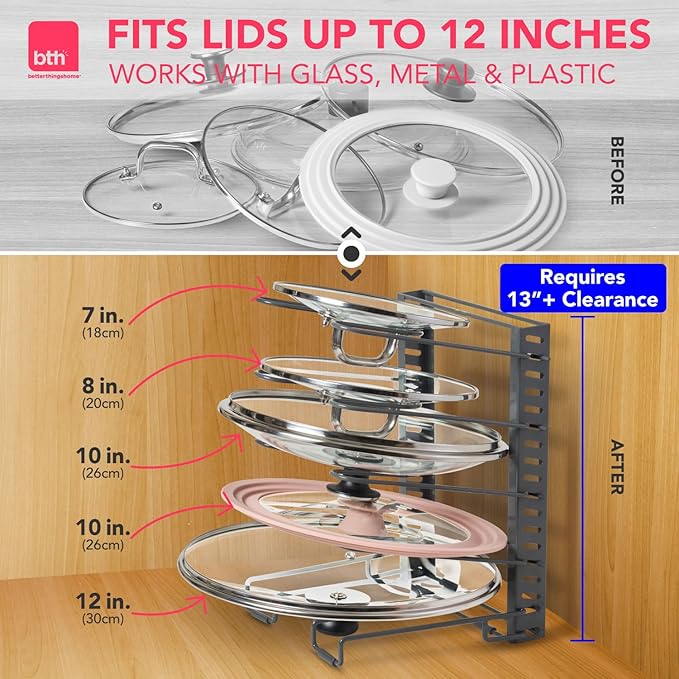 BTH Adjustable Pot Lid Organizer for Cabinet - Kitchen Storage Rack 6 Adjustable Shelves, Pot Lid Holder, Pan and Pot Rack Organizer, Pantry & Inside Cabinet Organizer (13” Clearance)-NeatNest