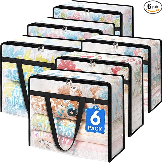 BlissTotes 6 Pack Clear Clothes Storage Bags, Under Bed Storage Containers, Foldable Blanket Storage Moving Bags with Sturdy Zipper and Handle for Clothing, Comforter, Bedding, Sheet (90L)-NeatNest