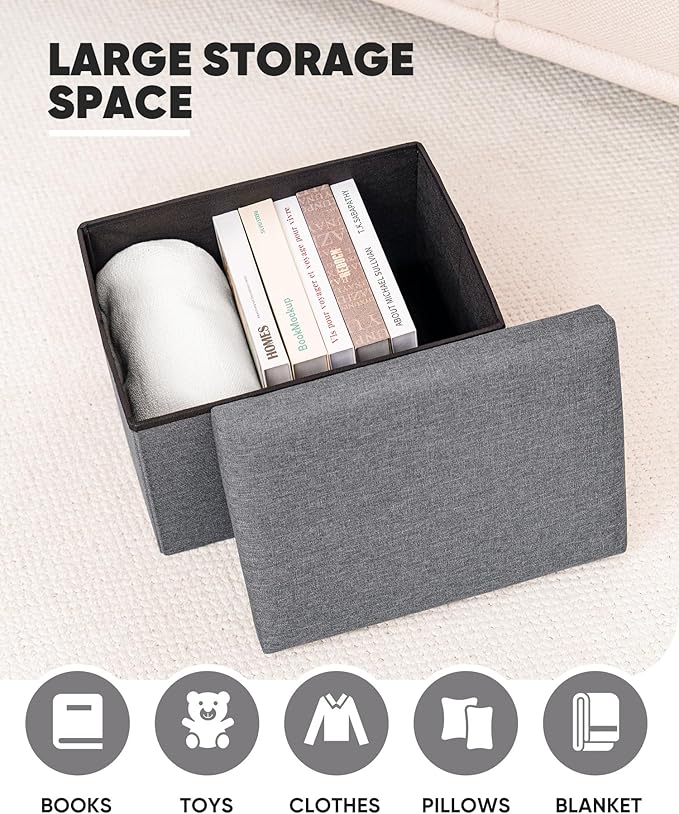 B FSOBEIIALEO Folding Storage Ottoman Cube Linen Ottomans for Living Room, Bedroom, Home Office, Dorm Storage Footrest Grey 16.5"x12.6"x12.6"