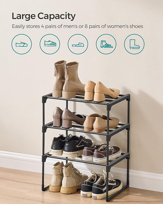 SONGMICS Shoe Rack, 3-Tier Shoe Organizer, Metal Storage Shelf, Upright or Upside Down, for 4-8 Pairs, Stackable, for Entryway, 11.8 x 16.7 x 21.5 Inches, Black ULSA003B01-NeatNest