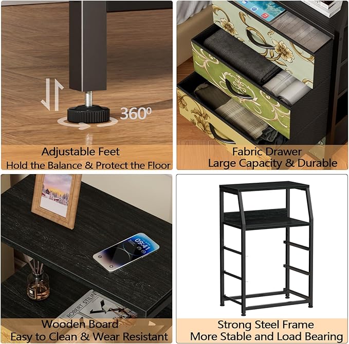 Furnulem Retro Dresser for Bedroom, Small Dresser for Closet, Vintage Nightstand with 4 Drawers, Fabric Storage Organizer Bedside Table Side Furniture, Metal Frame, Wood Top-NeatNest