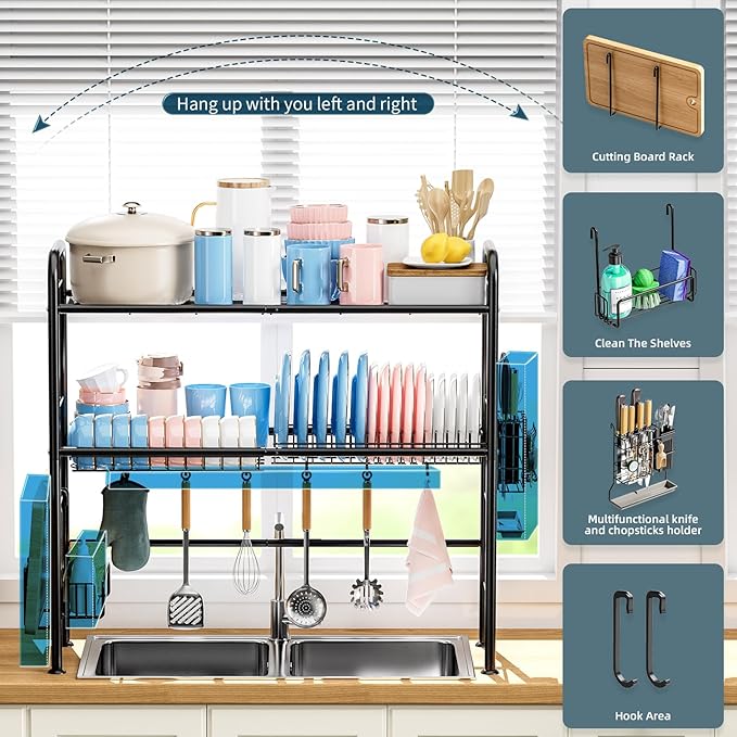 Large Over The Sink Dish Drying Rack, 2 Tier Over Sink Dish Rack with Utensil Holder, Dishes Drainer for Kitchen Counter Kitchen Organizer Metal (Fit≤32" Sink)