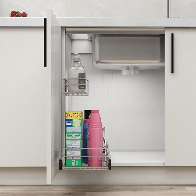 Under Sink Organizer 9" W X17 D, Pull Out Cabinet Organizer 2 Tier, Under Sink Slide Out Chrome Plated, Under Kitchen Bathroom Organizer, Pantry Cabinet Closet Organization Rack, 1 Pack-NeatNest