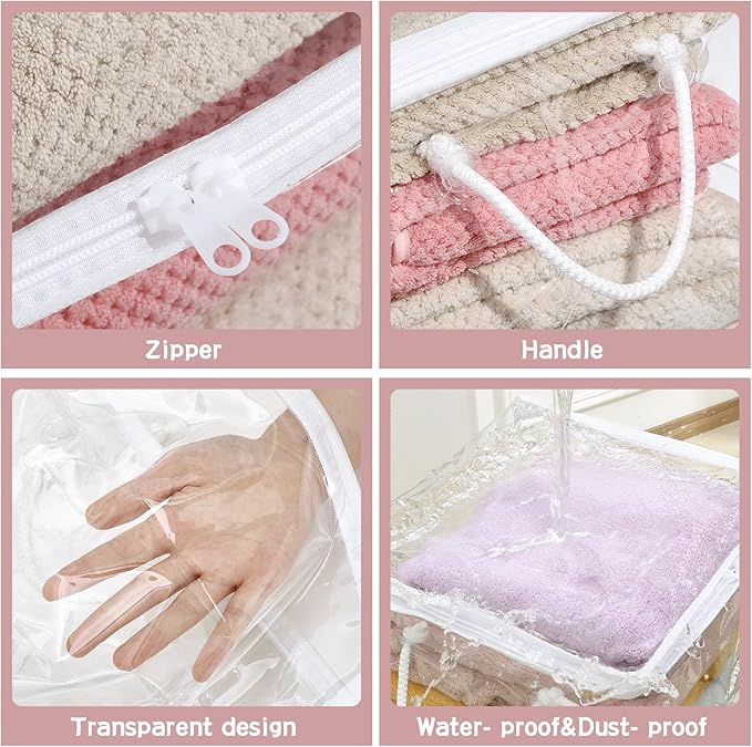 10-Pack Clear Zippered Storage Bags with Handles, Two-Way Zipper Foldable Closet Organizer, Bed Sheet Organizer, Plastic Storage Bin for Clothes, Towels-NeatNest