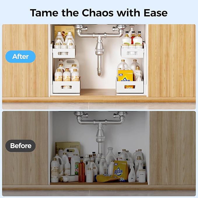 2 Pack Under Sink Organizer, Adjustable Height Under Sink Organizers and Storage, Smooth & Silent Sliding Out Metal Drawer for Kitchen Bathroom Pantry Cabinet Closet (White)-NeatNest