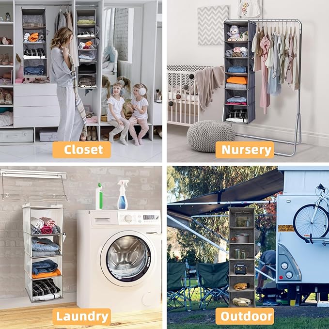 2 Packs Hanging Closet Organizer, 6-Shelf Closet Organizers and Storage with Side Pockets, Collapsible Hanging Shelves for Closet & RV & College Dorm,Grey-NeatNest