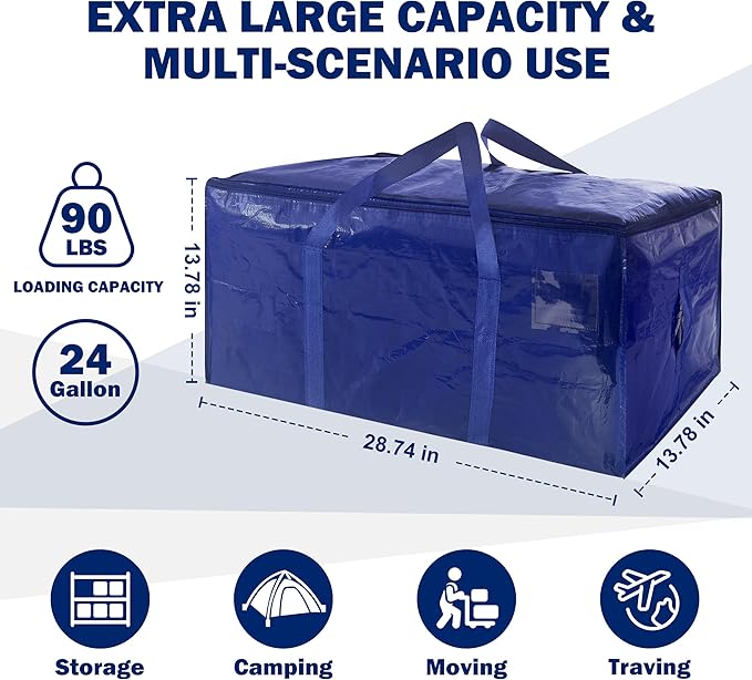 12 Pack Extra Heavy Duty Large Moving Bags with Strong Zipper & Carrying Handles, Sturdy Clothes Storage Bags Totes Bins, Packing Bag Move Boxes College Moving Supplies, Dark Blue - 24 gal-NeatNest