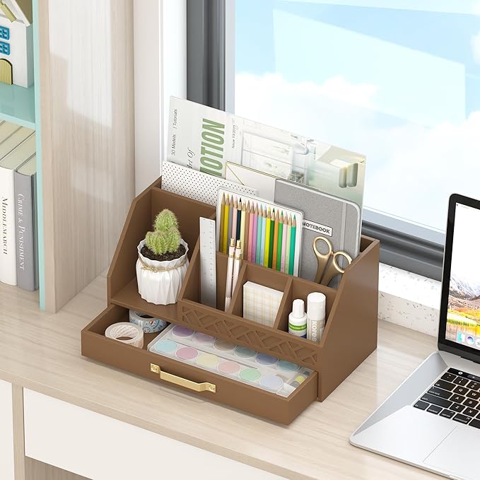 Bamboo Desk Organizer with Drawers, Mail Organizer Countertop Wood Desk Drawer Tabletop Storage Organization Pen Holder Letter Sorter Makeup Organizer for School Home Office (Brown)-NeatNest