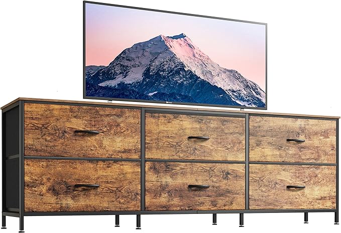 Huuger 63 Inch Long Dresser for Bedroom, Wide TV Stand for 55, 65, 70 Inch TV, 6 Drawer Dresser for Closet with Fabric Drawers, Storage Organizer for Bedroom, Entryway, Rustic Brown-NeatNest