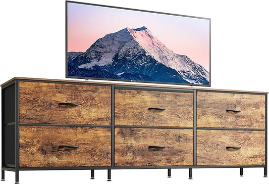 Huuger 63 Inch Long Dresser for Bedroom, Wide TV Stand for 55, 65, 70 Inch TV, 6 Drawer Dresser for Closet with Fabric Drawers, Storage Organizer for Bedroom, Entryway, Rustic Brown-NeatNest