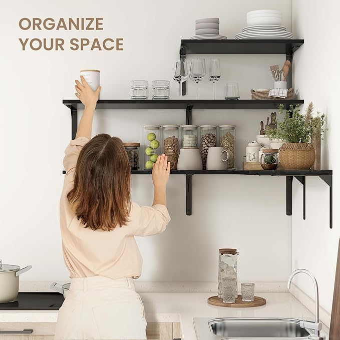 Fun Memories Floating Shelves for Wall, 12 Inch Deep Floating Shelves Set of 2, Wall Mounted Shelf with Metal Brackets, Rustic Wood Wide Shelf for Bathroom, Kitchen and Living Room, Black, 36W x 12D-NeatNest