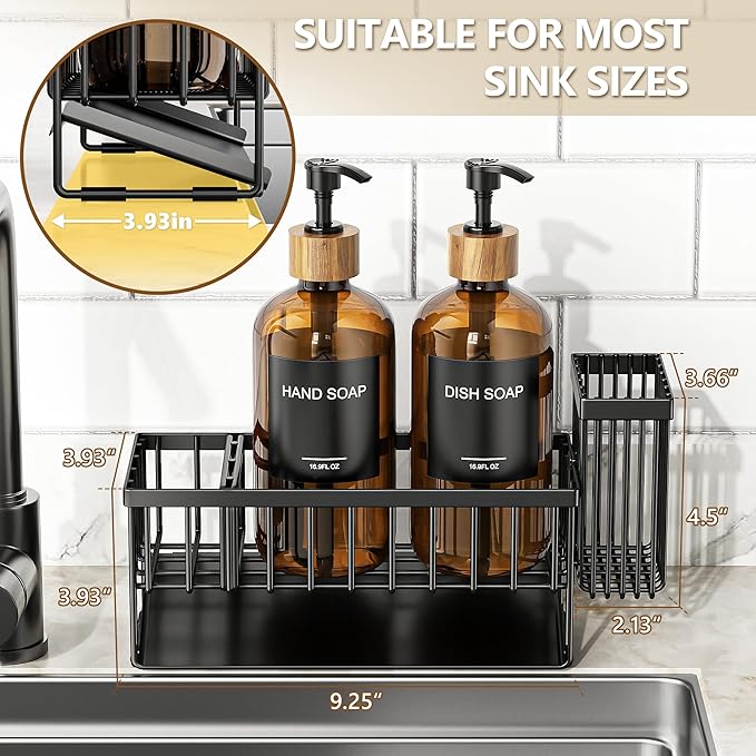 Cisily Kitchen Dish Soap Dispenser Set with 2 Pack Amber Glass, Kitchen Soap Dispensers with Adjustable Black Sink Caddy, Vintage Kitchen Soap Dispenser Set, Hand and Dish Soap Dispensers Set-NeatNest