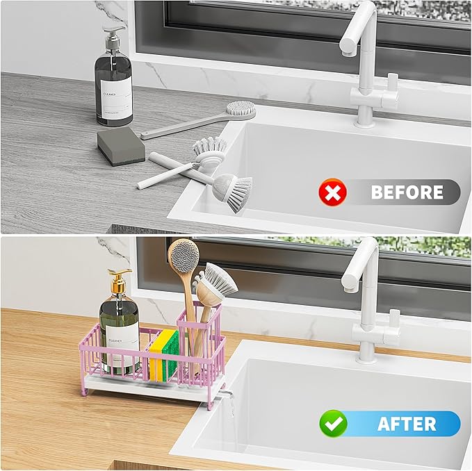 Cisily Pink Sponge Holder for Kitchen Sink, Sink Caddy Organizer with High Brush Holder, Countertop Organizers and Storage Essentials, Rustproof 304 Stainless Steel, Pink kitchen Accessories and Decor-NeatNest