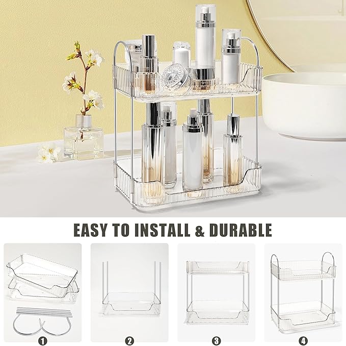 Bathroom Counter Organizer Countertop Storage Skincare Countertop Makeup Organizer Cosmetics Skincare Organizers Holder for Perfume-Clear white-silver pole-NeatNest