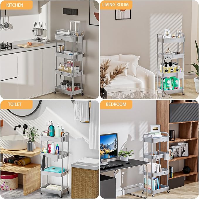 4 Tier Rolling Utility Cart with Drawer,REBECAT Utility Cart Made of Multifunctional Storage Organizer Tool for Kitchen,Bathroom,Living Room,Office(Gray)-NeatNest