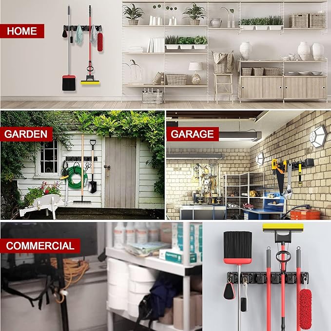 LETMY Broom Holder Wall Mount - Mop and Broom Hanger Holder - Garage Storage Rack & Garden Tool Organizer - 5 Position 6 Hooks Broom Rack for Home, kitchen, Garden, Tools, Garage Organization - Black-NeatNest