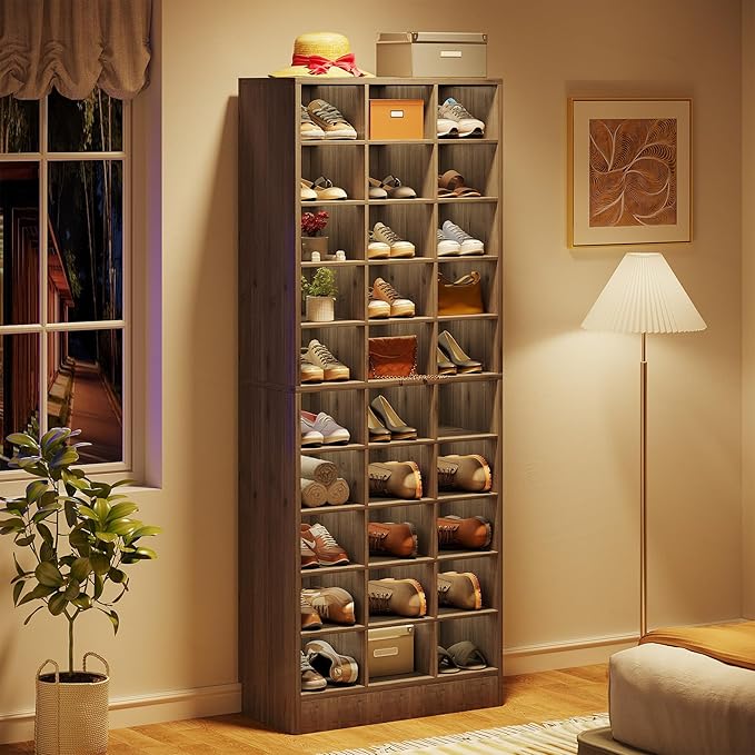 Tribesigns 10-Tier Shoe Storage Cabinet, Gray Wooden Shoe Rack with 30 Cubbies, Freestanding Tall Entryway Shoe Organizer for Closet, Entryway, Living Room-NeatNest