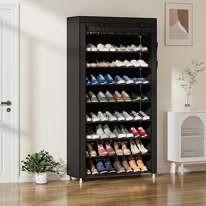 Laiensia 9-Tier Vertical Shoe Rack Organizer, Space Saving Shoe Storage Organizer, Non-Woven Cover Shoe Shelf Holds 36-45 Pairs for Bedroom, Hallway, Closet Entryway, Black-NeatNest