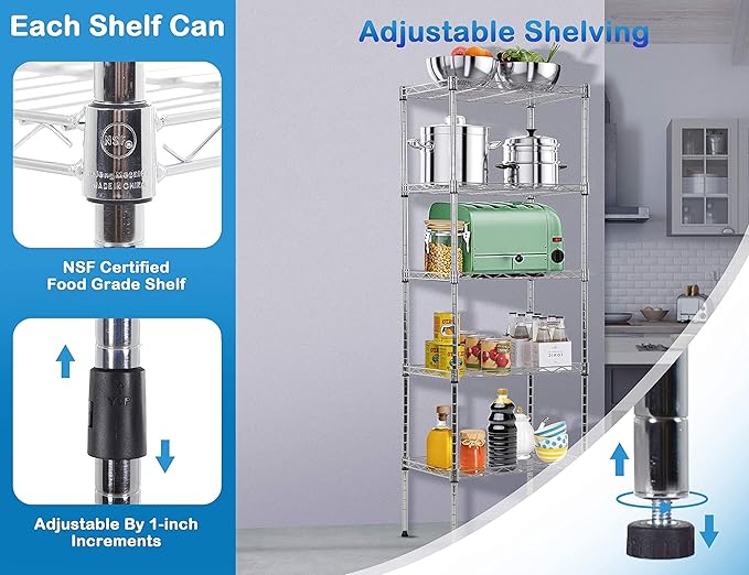5-Tier Metal Wire Shelving Unit Snack Shelf Height Adjustable Storage Rack NSF Certified Storage Shelves 750 Lbs Capacity Standing Utility Shelf for Laundry Kitchen Pantry Garage Organization