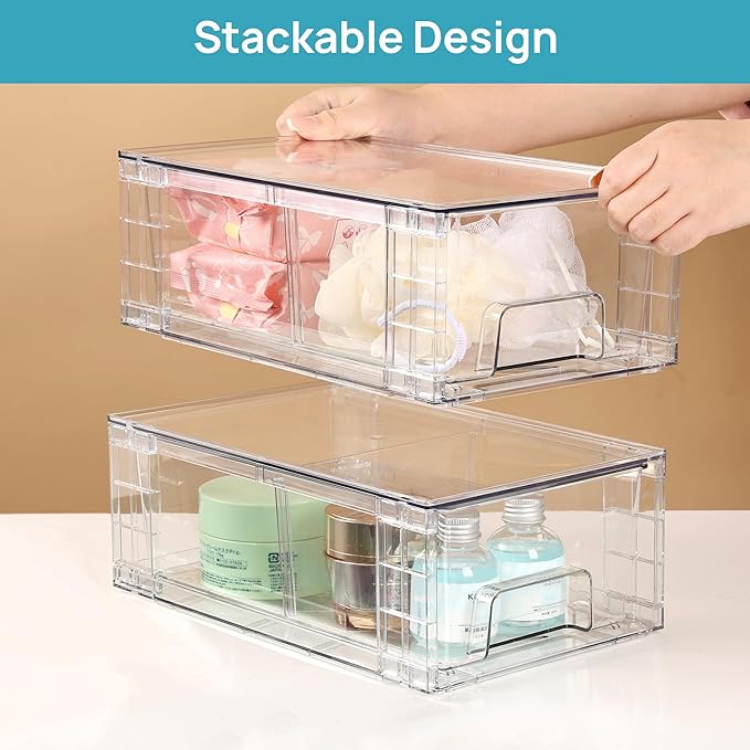 Vtopmart 6 Pack Stackable Storage Drawers,Clear Acrylic Drawer Organizers with Handles, Easily Assemble Containers for Fridge, Bathroom,Kitchen Undersink,Cabinet,Pantry Organization and Storage-NeatNest