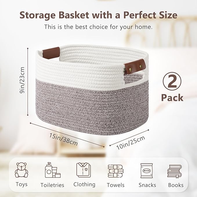 Cotton Rope Basket , Storage Baskets with Handle, 15x10x9 Inch Woven Basket for Shelves, Laundry, Towels, Clothes, Books, Toys (White Brown 2 Pack)-NeatNest