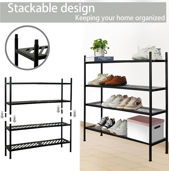 Shoe Rack - Metal Shoe Organizer 2 Tier Shoes Shelf Storage, 35 Inches Stackable Long Show Stand Holder for Closet, Entryway, Garage, Floor, Door Entrance, Black-NeatNest