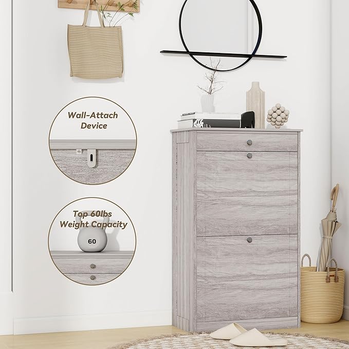 Shoe Storage Cabinet with 2 Flip Drawers, Narrow Freestanding Hidden Shoe Rack Cabinet, Pet-Proof Shoe Organizer for Closet, Entryway, Hallway, Wash Grey-NeatNest