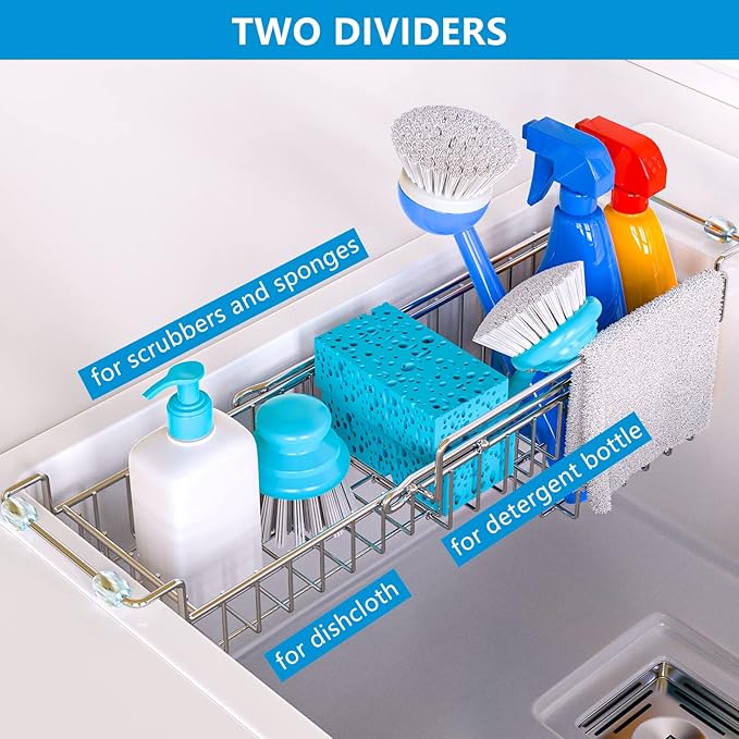 Over The Kitchen Sink Caddy Sponge Holder Organizer Drying Rack Expandable for Sponge Brush Soap Dish Cloth Rag Smaller 12.25" to 17.25", Stainless Steel-NeatNest
