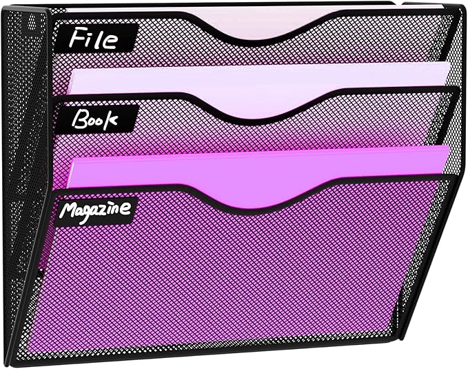 3 Pocket Wall File Holder Organizer, Mesh Hanging Wall Mounted Document Paper Folder Filing Magazine Rack with Nametag Label for Office Home School, 3 Tier Black