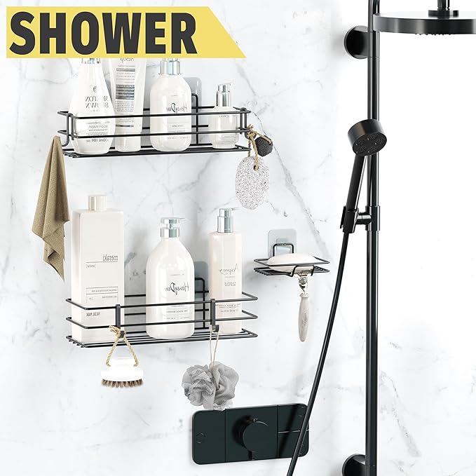 DEKULA Adhesive Shower Caddy 7 Pack Shower Shelves Organizer for Bathroom Storage, Rustproof Stainless Steel Bath Organizers, Kitchen, Adhesive or Screw, Soap Dish Hooks Wall Shelf Toilet Paper Holder