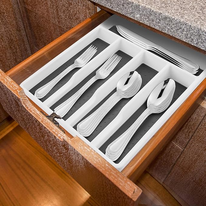 HaWare Silverware Tray for Drawer with Five Sections, Flatware Organizer/Cutlery Holder with Soft Grip Lining and Non-slip Rubber Feet, Multi-Purpose Storage for Kitchen, Office, Bathroom Supplies-NeatNest
