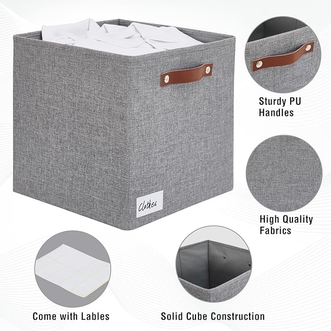 Collapsible Fabric Storage Cube Bins with 2 Reinforced PU Handles, Foldable Storage Organizer Baskets for Closet, Shelves, Living Room | 13"x13"x13", 4 Pack, Full Gray-NeatNest