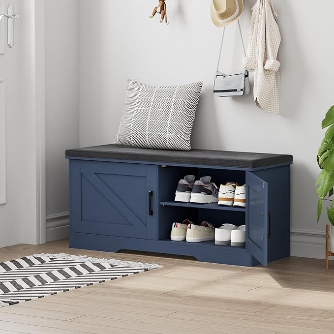 2-Tier Storage Bench, Shoe Bench with Padded Seat Cushion, Entryway Bench with 2 Barn Doors, Adjustable Shelf, 13.8" D x 39.4" W x 17.7" H, for Entryway, Living Room, Bedroom, Blue-NeatNest
