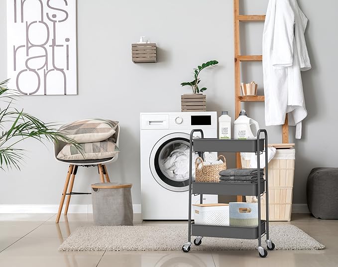 CAXXA 3-Tier Rolling Metal Storage Organizer - Mobile Utility Cart with Caster Wheels, Gray-NeatNest
