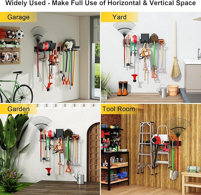Godboat Garage Storage, 6 Hooks Garden Tool Organizer, 32‘’ Garage Organization Wall Mount, 2Pack Shelving for Yard Tools & Water Hose, Cool Gadgets for Fathers Day, Dad, Men Gifts, Max Load 550lbs-NeatNest