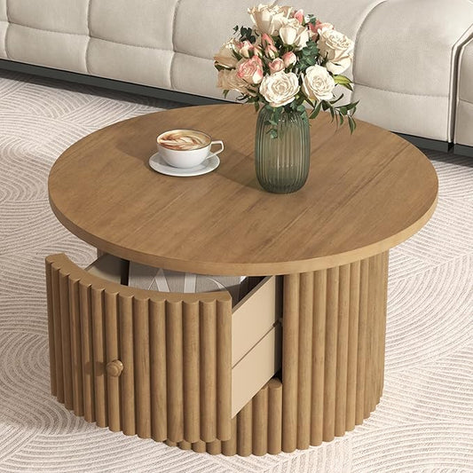 30.5" Round Storage Coffee Table, Rustic Circle Coffe Table for Living Room, Fluted Accent Wood Center Tables Farmhouse, Tea Table with Drawer for Apartment Small Space - Oak