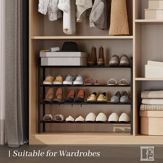 Expandable Shoe Rack, Adjustable Shoes Organizer Metal, Space-Saving Storage Shelf for Closet, Entryway, Front Door & Hallway,Sturdy and Easy Assembly (Black, 4-Tier)